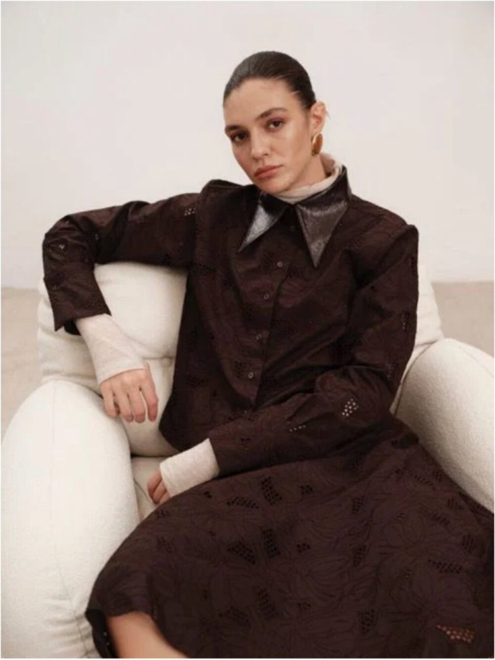 Malej Brown Embroidered Blouse with Collar Detailing